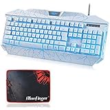 BlueFinger&reg; USB Wired Cool Crack Blue Green Light Blue 3 Color Adjustable Illuminated Backlit Gaming Keyboard For Gaming White With BlueFinger&reg; Customized Quality Mouse Pad