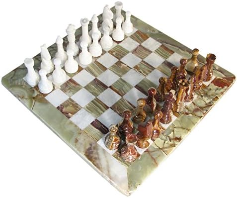 16" Rustic White &amp; Green Marble Chess Set w/ Green Border