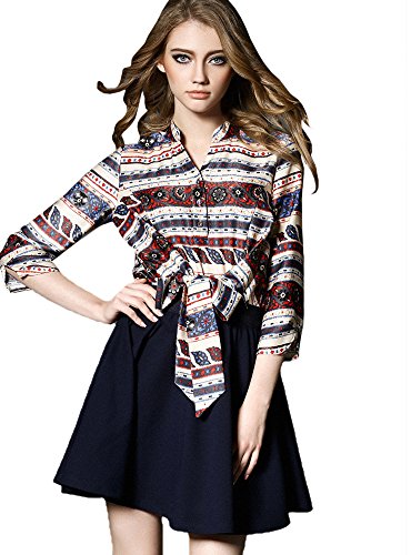 (a la mode)アラモード 大人 エレガント 高級 デザイン Aライン ビンテージエスニック シャツ ドッキング ドレス ワンピース 7分袖 レディース お呼ばれ lan35