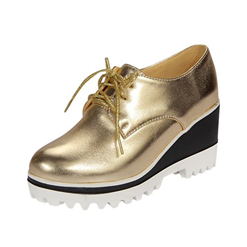 Latasa Womens Fashion Platform Wedge High Heel Lace up Oxford Shoes (7, gold)