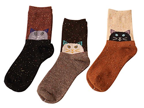 Sunjune Women's Cartoon Wool Crew Socks Cute 3 Pairs Warm Mid Socks