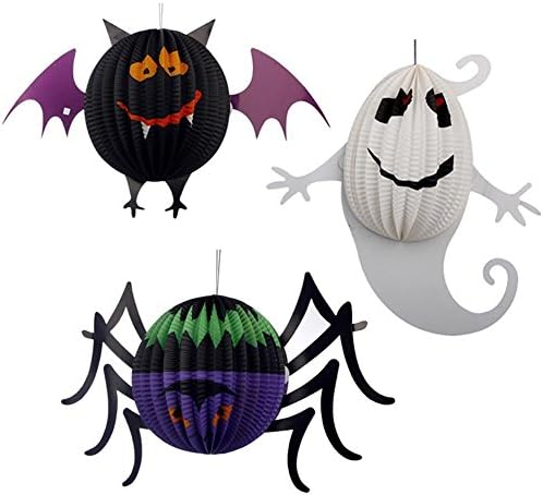 Jspoir Halloween Decorations Paper Lanterns with LED Light,Pack of 3 - Ghost,Bats,Spiders