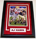 AJ Hawk Autographed Framed (Sacking Brady Quinn) 8 x 10 Photograph