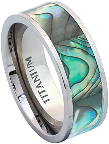 FREE ENGRAVING -8MM Titanium Wedding Band Ring Pipe Cut with Rainbow Rippled Abalone Inlay (8)