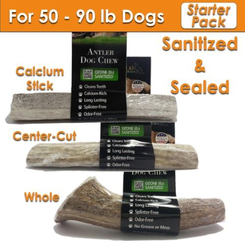 Large Elk Antler Chew Starter Pack for 50 - 90 Lb Dogs | Sanitized & Sealed Antler Dog Chew | All Natural, No Growth Hormones, Antibiotics, or Preservatives, Naturally Shed --No Animal Harm | Rich in Calcium, Phosphorus and Protein