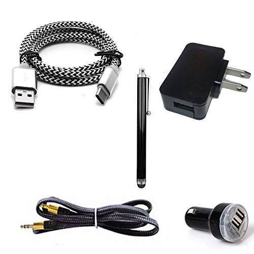 White Type C USB Cable 5 Piece Bundle Kit for ZTE Max Duo LTE : Car Charger, Wall Charger, 3' cable, Aux cable, Stylus pen.