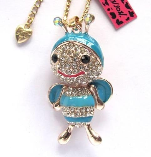 Betsey Johnson shiny crystal blue glazed Lovely bees pendant Necklace