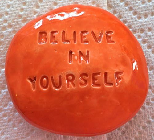 BELIEVE IN YOURSELF Pocket Stone - Ceramic - Carrot Orange Art Glaze - Inspirational Art Piece