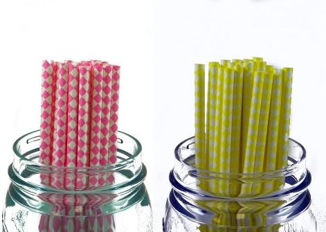 Paper Straws 8" - Pack of 50 Hot Pink Harlequin and Yellow Harlequin by Retro Sally