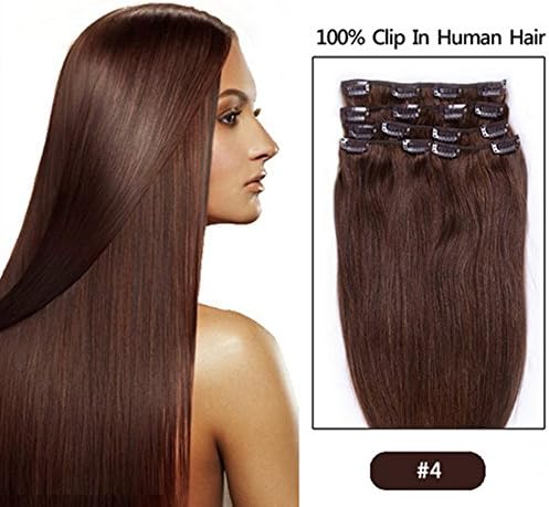 FANGYUANHAIR 20Inch 100g Straight Clip In Human Hair Extensions,Beauty Salon Women's Accessories #4 Medium Brown
