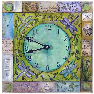 Wooden Wall Clock - Frolic in the Garden / Dragonfly Motif, 11-inch x 11-inch