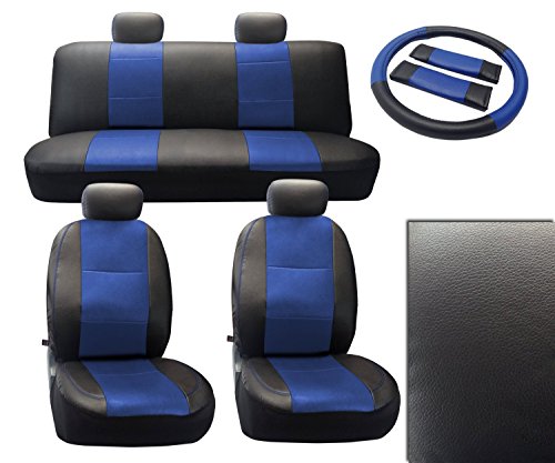 Deluxe Leatherette Premium 13pc Double Stitched Full Car Seat Cover Set with FREE Steering Wheel Bonus (Black and Blue with Blue Stitching)