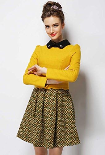 XIANKI Women Wool Blend Long Sleeve Peter Pan Collar Bottoming Patchwork Dress US S(Asian L) Yellow