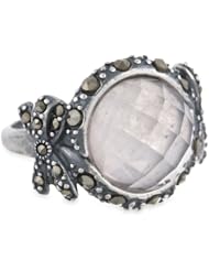 Sterling Silver Oxidized Rose Quartz, White Crystal and Marcasite Doublets Domed Shape Ring, Size 7