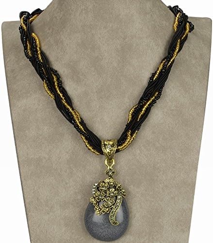 Multi Stranded Diamante CZ Black Rope Metallic Glass Bead Chain Gem Necklace Pendants