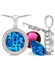 Switch-It Gems (tm) Round 12mm Simulated Blue Topaz Pendant with 12 Interchangeable Simulated Birthstones in 925 Sterling Silver
