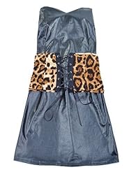 Strapless Corset   Waistline Faux-Leather Leopard Print Belted Shirred Lace-Up Mini Dress 