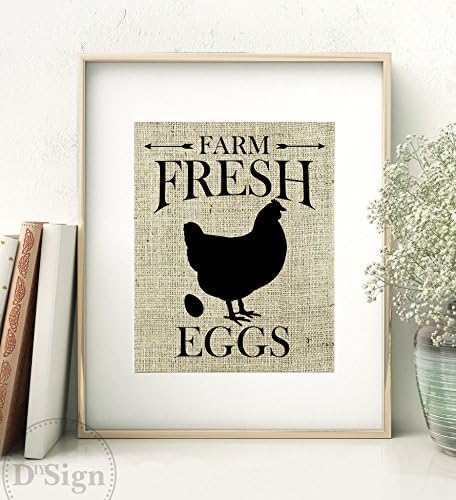 Rustic Farmhouse Wall Decor, Burlap Sign, Farm Fresh Eggs, Kitchen Art 8x10, Country Kitchen Wall Sign, Primitive Chic Decor, Rooster Print**Print Only**