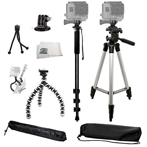 SSEÂ® Complete Tripod Kit for the GoPro Hero, Hero2, Hero3, Hero3+, Hero4, Hero+ LCD, & Hero+ Cameras. Includes: 50" 3 Way Pan Head Tripod, 72" Monopod, Gripster Tripod & Mini Table Top Tripod