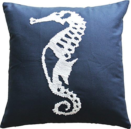 HOMETALE Sea Horse Cording Embroidery Decorative Thow Pillow COVER 18" Navy White