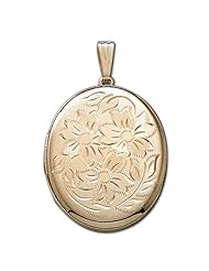 Solid 14k Yellow Gold XL Oval Floral Picture Locket 1 inch x 1-1/4 inch in Solid 14K Yellow Gold