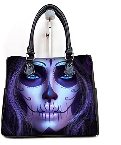 PU Leather Female Women Barrel Type Handbgas Top-Handle Bags Blue Eyes Sugar Skull in Purple Print.