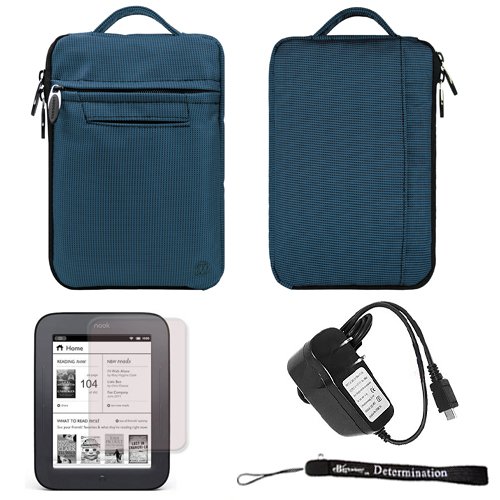 Blue Mighty Nylon Jacket Slim Compact Protective Sleeve Shoulder Bag Case with accessories compartment for Barnes & Noble NOOK Simple Touch eBook Reader BNRV300 (Nook 2nd Generation Release 2011 Model )+ a Black Micro Home Charger + a Anti-Glare Screen Protector + Includes 4-inch ebigvalue Determination Hand Strap