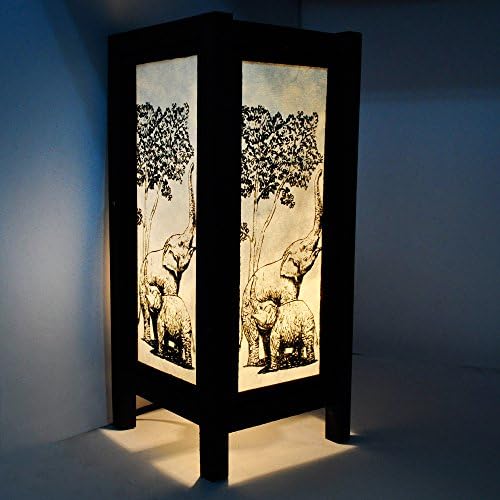 Elephant Paint 11" Wood Bedside or Table Lamp Thai Oriental Collectible Handmade Asian Vintage Lighting for Home Décor