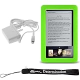 Slim High Quality Durable Silicone Skin Case Customer Made For Barnes & Noble Nook eBook Reader (Green) + Includes a 4-Inch eBigvalue Determination Hand Strap + Easy Travel Home Wall Charger