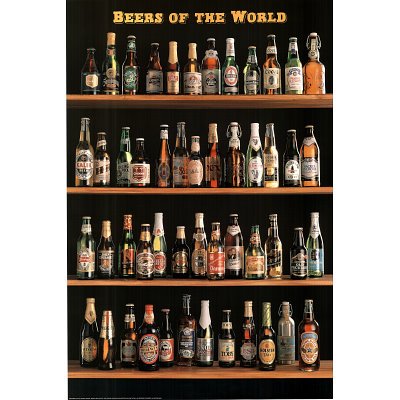 Professionally Framed Beers of the World Beer Bottles on Shelves Art Poster Print - 24x36 with RichAndFramous Black Wood Frame