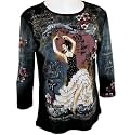 Cactus Fashion Rhinestone Highlighted, Artistically Printed, 3/4 Sleeve, Black Colored Cotton Woman's Fashion Top - Flamenco Dance