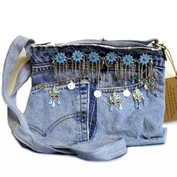 Denim Shoulder Bag with Bead Decor Crafted from Vintage Denim