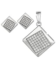 BRI Jewelry Sterling Silver Square Shape With Clear Cubic Zirconia Set - Pendant - Earring