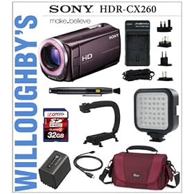 Sony HDR-CX260V High Definition Handycam Camcorder (Brown) + Spare Battery + LEXSpeed 32GB SDHC Memory Card + LED-36 Compact Video Light + Action Stabilizing ForeGrip Handle + International Travel Charger + Deluxe Camera Bag plus bonus Sunpak Solar Flashlight & Charger