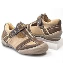 KIDS , Kinder Echtleder T-Sandalen, Halbschuh, Klett am Spann, braun-beige