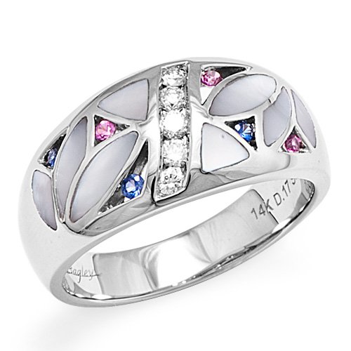 John Bagley Mother of Pearl Ring with Diamonds in 14K White Gold