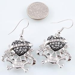 Skull Heart Love Kills Slowly Black Crystal Earrings