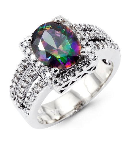 Oval Mystic Fire Topaz Round CZ 14k White Gold Ring