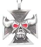 Red Eyes Demon Skull Iron Cross Pewter Pendant Necklace