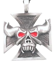 Red Eyes Demon Skull Iron Cross Pewter Pendant Necklace