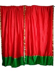2 Cardinal Red Green Border Art Silk Sari Curtains Drapes Panels 84"