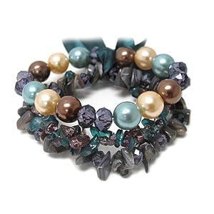 Glass Pearl and Natural Chip Stone Stretch Bracelet Fashion J