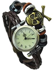 Womens Retro Vintage Quartz Bronze Skull Decoration Weave Wrap Faux Leather Bracelet Wrist Watch