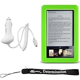 Slim High Quality Durable Silicone Skin Case Customer Made For Barnes & Noble Nook eBook Reader (Green) + Includes a 4-Inch eBigvalue Determination Hand Strap + Easy Travel Car Charger