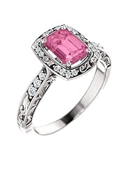 18K White Gold 7.00x5.00mm Emerald Cut Chatham Created Pink Sapphire and Diamond Ring -- LIFETIME WARRANTY