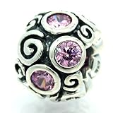 .925 Sterling Silver " Swirls Bead w/ Pink Cubic Zirconia " Bead Compatible with Pandora Chamilia Kay Troll Bracelet