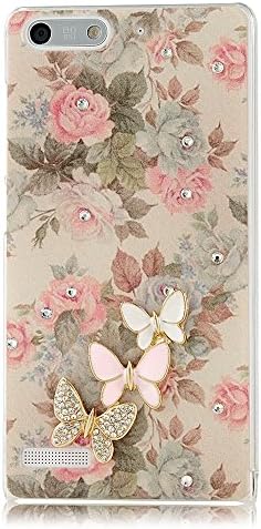 (For 3G Version)G6 Case, Huawei G6 Case - Mavis's Diary 3D Handmade Bling Crystal Cute Butterfly Sparkle Glitter Pink Flowers Case Hard Cover for Huawei Ascend G6 with Soft Clean Cloth (One Case&One Rhinestone Butterfly Pendent Dust Plug)
