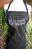 Black Embroidered Apron "Will cook for Shoes"