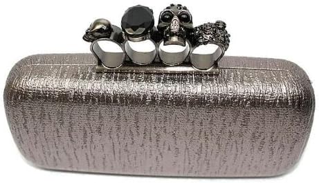 Ah8001 Skull Clutch Pewter Grey Metallic Knuckle Duster Four Ring Evening Bag