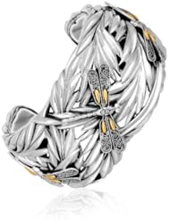 18K Yellow Gold and Sterling Silver Thick Cuff with Leaf and Dragonfly Motifs